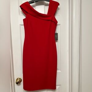 NWT: Vince Camuto Red Off-Shoulder Midi Sheath Dress